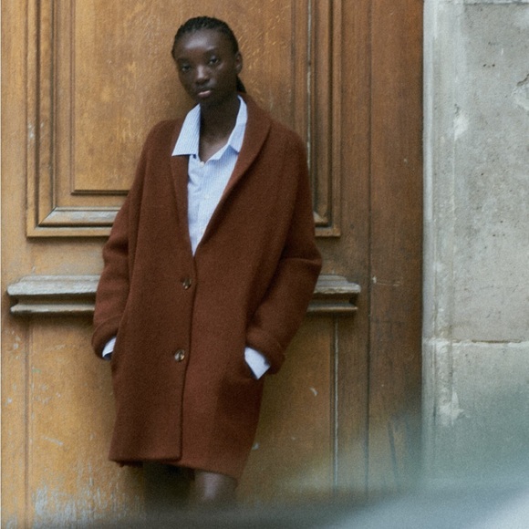 NWT ZARA TURNED UP CUFF KNIT COAT Brown Size M - Picture 2 of 14